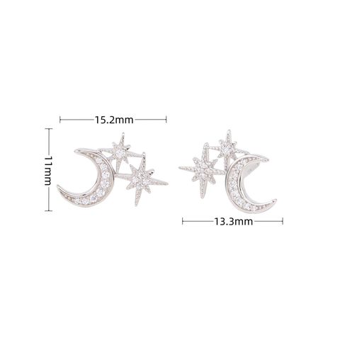 1 Pair Simple Style Star Moon Inlay Sterling Silver Zircon Ear Studs