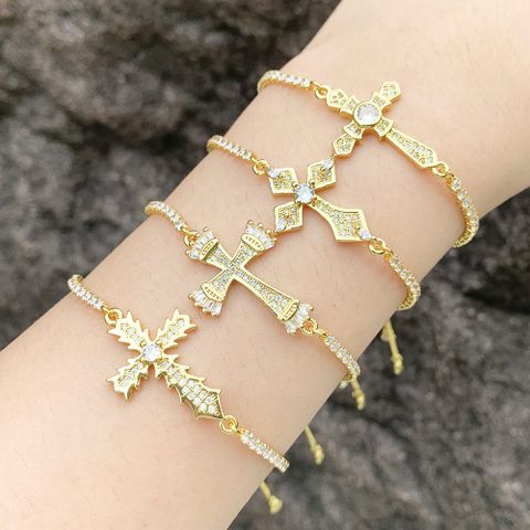 Fashion Simple Style Cross Copper Plating Inlay Zircon 18k Gold Plated Bracelets