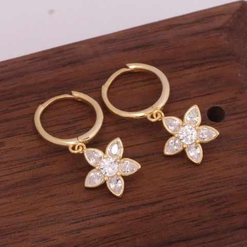 1 Pair Retro Simple Style Flower Inlay Sterling Silver Zircon Drop Earrings