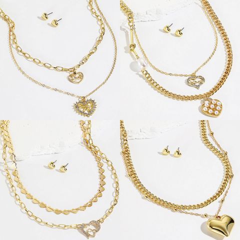 Elegant Geometric Heart Shape Crown Alloy Plating Inlay Artificial Pearls Zircon Women's Layered Necklaces