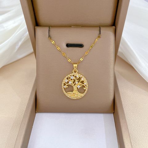 Wholesale Simple Style Tree Of Life Titanium Steel Copper Inlay Artificial Gemstones Pendant Necklace
