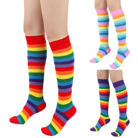 Unisex Fashion Rainbow Stripe Polyester Cotton Crew Socks A Pair