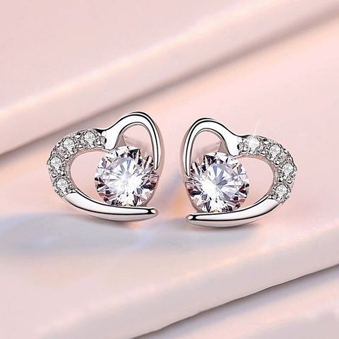 1 Pair Elegant Heart Shape Inlay Sterling Silver Zircon Ear Studs