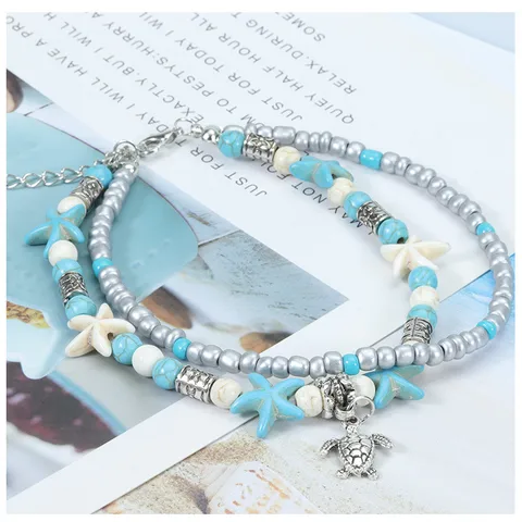 Vacation Beach Tortoise Starfish Dolphin Turquoise Glass Wholesale Anklet