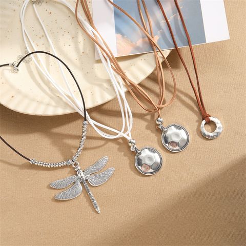 Vintage Style Geometric Dragonfly Alloy Leather Rope Irregular Silver Plated Unisex Necklace
