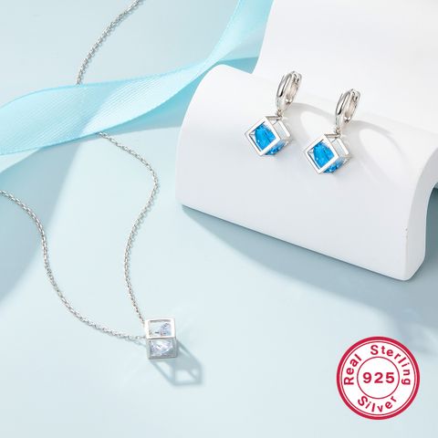 Elegant Cute Square Sterling Silver Plating Inlay Zircon White Gold Plated Women's Earrings Necklace