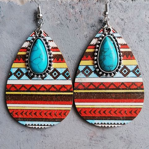 1 Pair Retro Water Droplets Inlay Wood Turquoise Drop Earrings