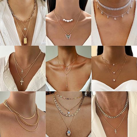 Vintage Style Cross Heart Shape Butterfly Zircon Alloy Wholesale Layered Necklaces
