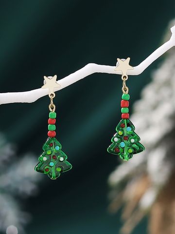 1 Pair Christmas Classic Style Christmas Tree Glass Drop Earrings