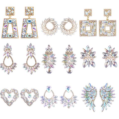 Wholesale Jewelry Exaggerated Luxurious Shiny Geometric Heart Shape Alloy Rhinestones Inlay Drop Earrings