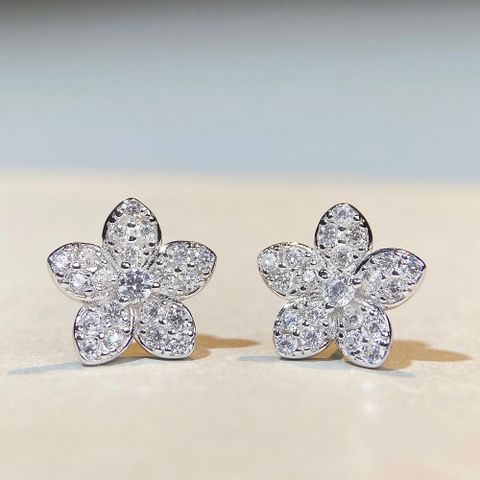 1 Par Básico Flor Enchapado Embutido Plata Esterlina Diamante Alto En Carbono Pendientes