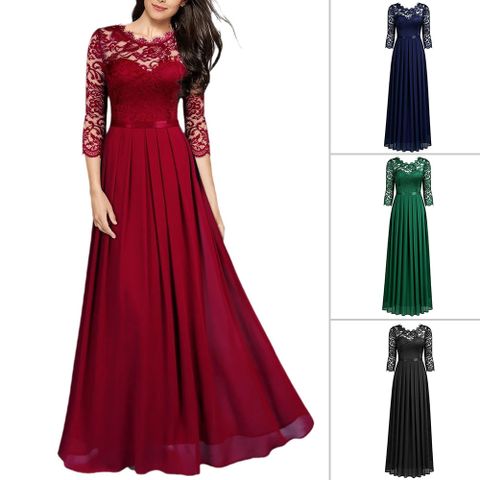 Women's Swing Dress Vintage Style Round Neck Pleated 3/4 Length Sleeve Solid Color Maxi Long Dress Banquet