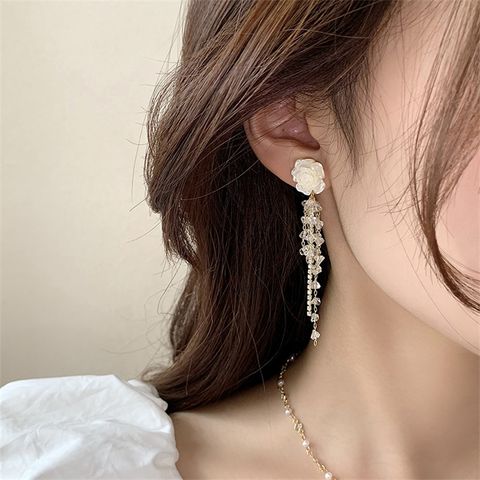 Wholesale Jewelry Elegant Sweet Flower Alloy Rhinestones Tassel Plating Inlay Drop Earrings