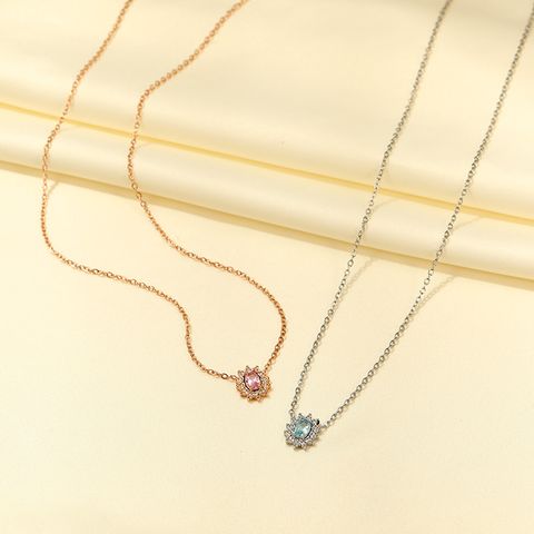 Stainless Steel Imitation Diamond Elegant Shiny Flower Zircon Pendant Necklace