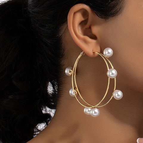 1 Pair Sweet Round Plating Inlay Alloy Pearl 14k Gold Plated Hoop Earrings