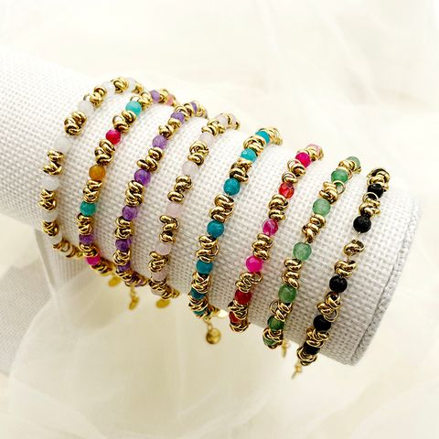 Wholesale Jewelry Retro Round 304 Stainless Steel Crystal Gold Plated Beaded Plating Bracelets