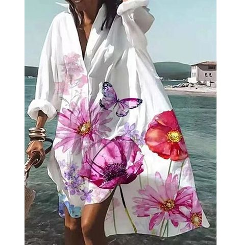 Femmes Robe Chemise Décontractée Refuser Impression Manche Longue Fleur Papillon Robe Mi-longue Du Quotidien