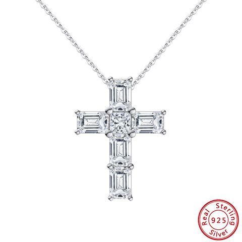 Classic Style Cross Sterling Silver Handmade Plating Inlay Zircon White Gold Plated Rhodium Plated Silver Plated Necklace