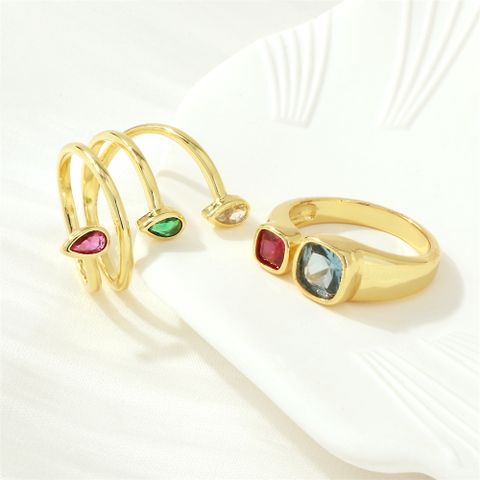Luxurious Square Water Droplets Copper 18k Gold Plated Zircon Open Rings In Bulk