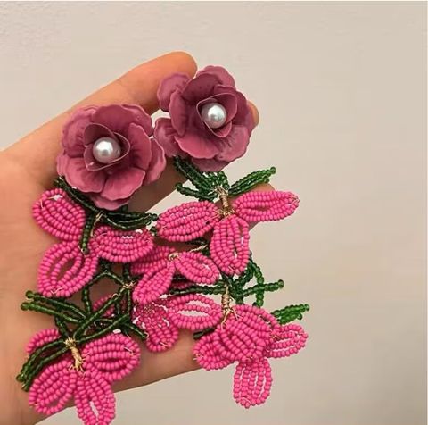1 Pair Exaggerated Lady Flower Beaded Resin Seed Bead Metal Drop Earrings