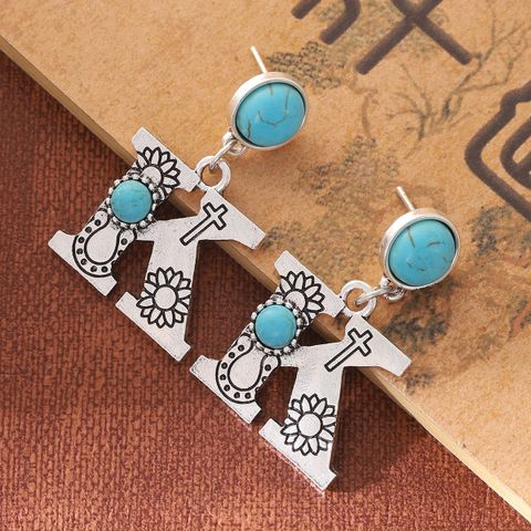 1 Pair Ethnic Style Letter Inlay Alloy Turquoise Drop Earrings