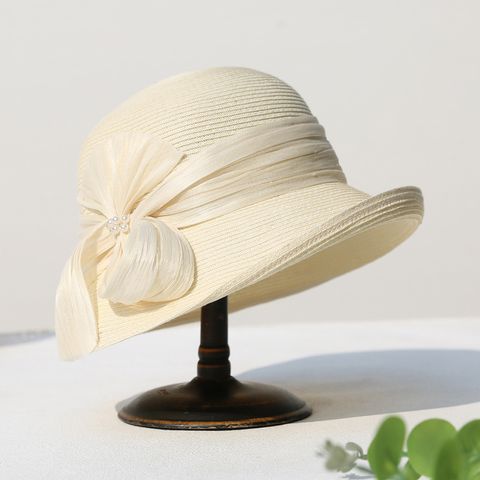 Women's Elegant Solid Color Ribbon Flat Eaves Straw Hat