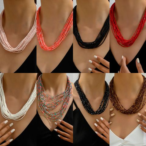 Lady Bohemian Geometric Solid Color Beaded Metal Layered Women's Layered Necklaces
