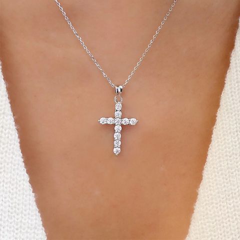Simple Style Cross Alloy Inlay Artificial Gemstones Women's Pendant Necklace