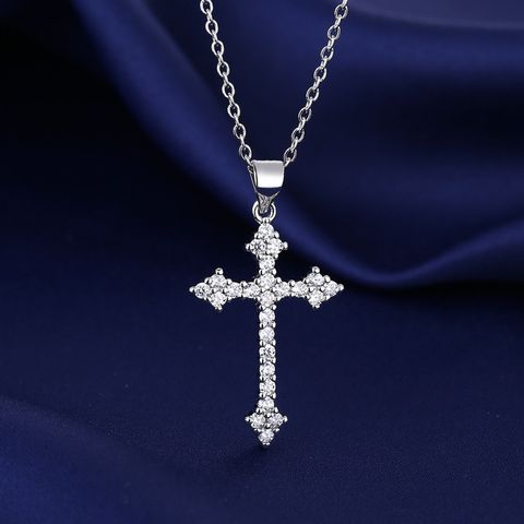 Wholesale Simple Style Cross 201 Stainless Steel Copper Plating Inlay Zircon Pendant Necklace