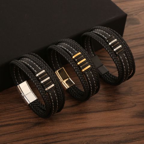 Classical Vintage Style Rock Solid Color Pu Leather Alloy Men's Bangle