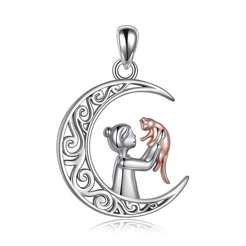 Sterling Silver Elegant Simple Style Human Cat Pendant Necklace