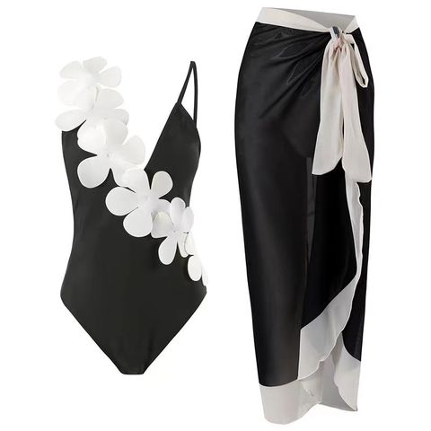 Women's Sexy Solid Color Flower 2 Pieces Set One Piece Swimwear