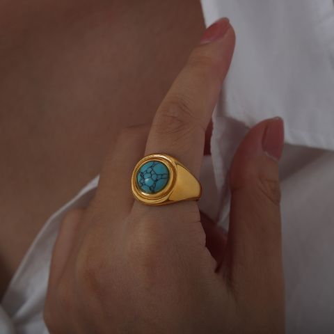 Vintage Style Luxurious Geometric Tiger Eye Titanium Steel Plating Inlay Artificial Gemstones Turquoise 18k Gold Plated Women's Rings