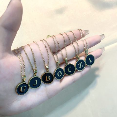 304 Stainless Steel Gold Plated Simple Style Plating Inlay Round Letter Shell Pendant Necklace