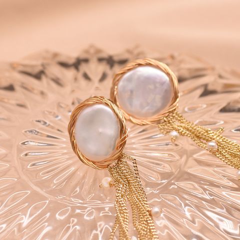 1 Pair Original Design Tassel Plating Inlay Freshwater Pearl Pearl 18k Gold Plated Drop Earrings