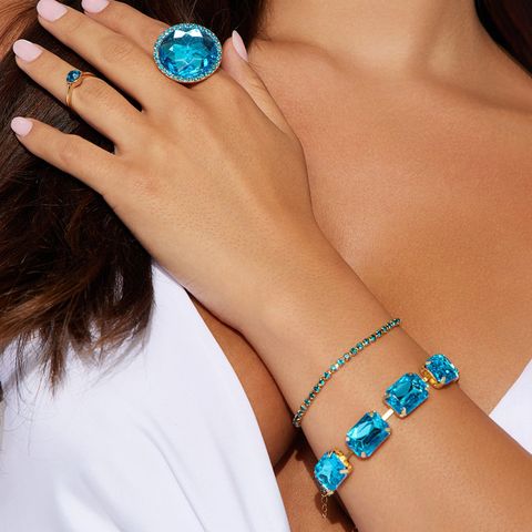 Glam Square Oval Metal Inlay Rhinestones Women's Rings Bracelets Jewelry Set
