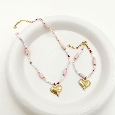 304 Stainless Steel Beaded Natural Stone Gold Plated Cute Sweet Beaded Plating Heart Shape Natural Stone Pearl Beads Bracelets Necklace