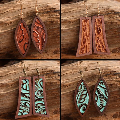 1 Pair Retro Fish Wood Leather Copper Drop Earrings