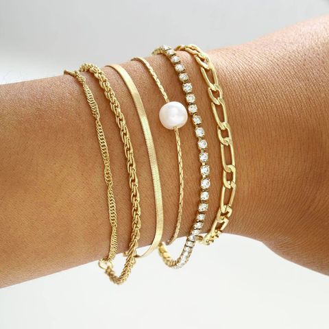 Ig Style Solid Color Twist Alloy Pearl Plating Inlay Rhinestones Women's Bracelets