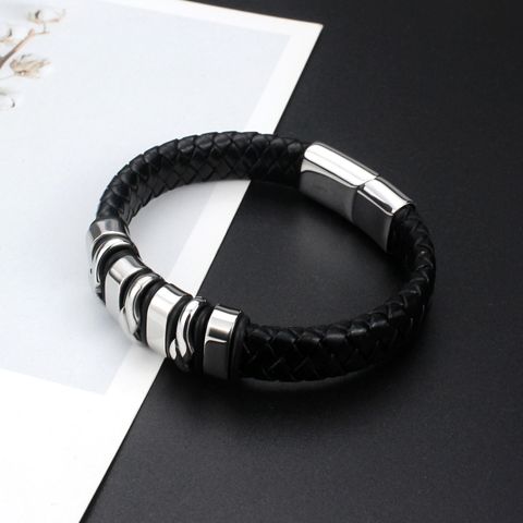 Hip-hop Modern Style Cool Style Geometric Stainless Steel Pu Leather Men's Bangle