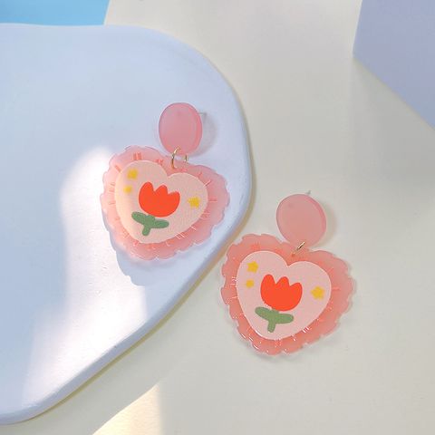 1 Pair Sweet Fruit Heart Shape Flower Printing Arylic Drop Earrings