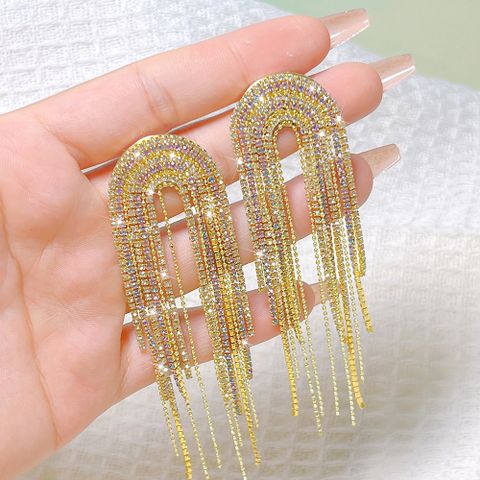 1 Pair Elegant Streetwear U Shape Tassel Inlay Copper Zircon Drop Earrings