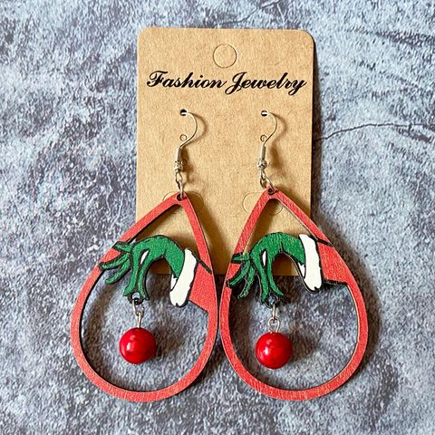 1 Pair Cute Christmas Tree Water Droplets Hollow Out Wood Turquoise Drop Earrings