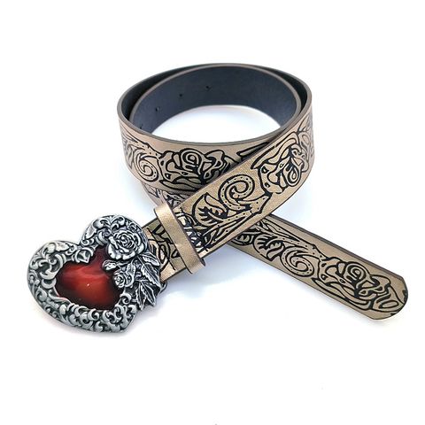 Retro Heart Shape Pu Leather Alloy Plating Inlay Artificial Gemstones Women's Leather Belts