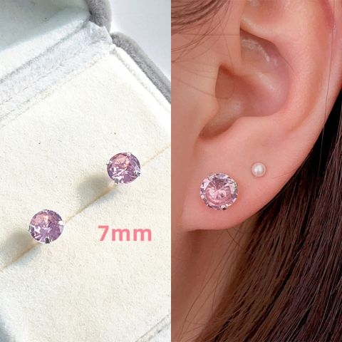 S925 Sterling Silver Needle Pink Diamond Stud Earrings Female Compact Mini 3a Grade Zircon Ear Bone Stud Sleeping No Need To Take Off Ear-caring Earrings