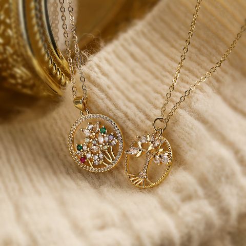 Simple Style Commute Bc1035 Lucky Tree Copper Plating Inlay Zircon 18k Gold Plated Pendant Necklace