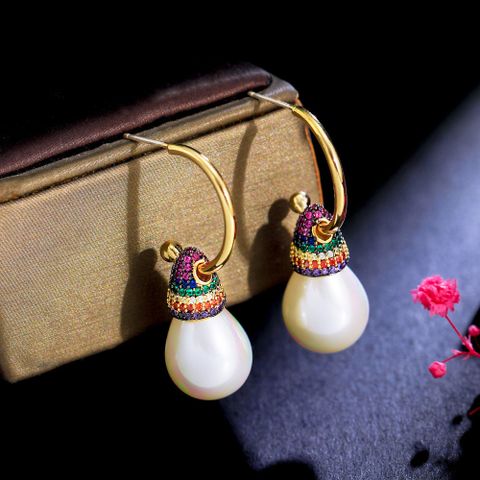 1 Pair Vintage Style Ethnic Style Sweet Geometric Plating Inlay Imitation Pearl Copper Copper Alloy Artificial Diamond Drop Earrings