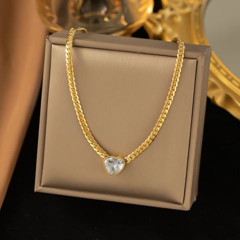 304 Stainless Steel 18K Gold Plated Simple Style Plating Inlay Heart Shape Artificial Rhinestones Necklace