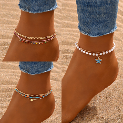 Casual Beach Starfish Heart Shape Pearl 18k Gold Plated Stainless Steel Plastic Acrylic Wholesale Anklet