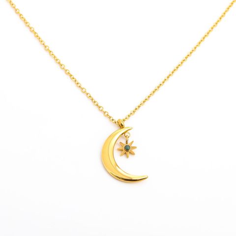 201 Stainless Steel 304 Stainless Steel Glass Gold Plated Retro Plating Inlay Star Moon Zircon Pendant Necklace